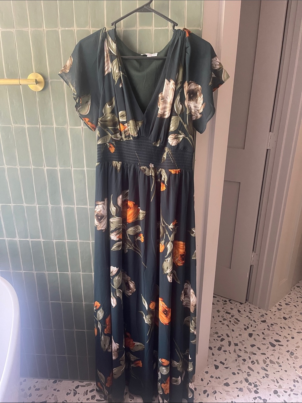 Baltic Born Dark Green Floral Maxi Dress with Orange & Cream Blooms